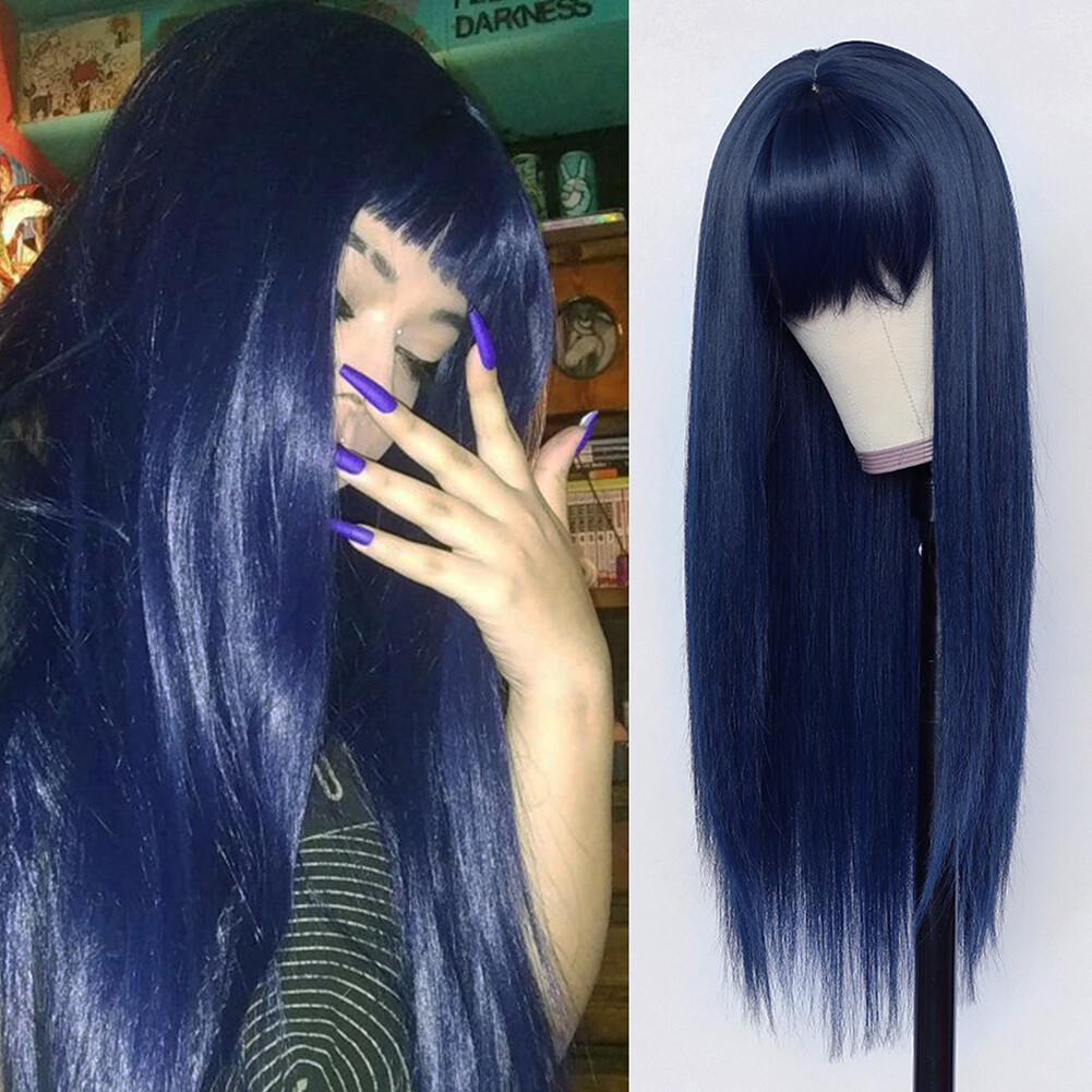 Women Full Neat Bangs Synthetic No Lace Wig Long Straight Heat Resistant Natural