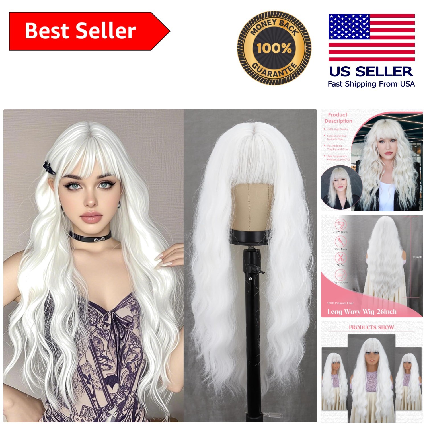 26-Inch Long White Heat-Resistant Wig with Bangs – Ideal for Everyday Wear