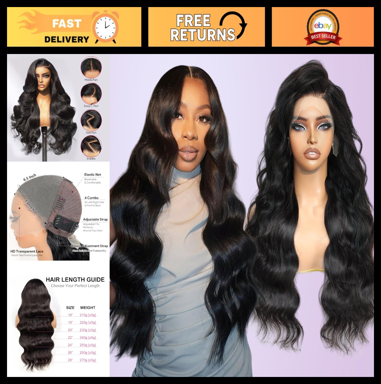 18 Inch 210% Density Body Wave Full Lace Frontal Wig, Pre-Plucked HD Transparent