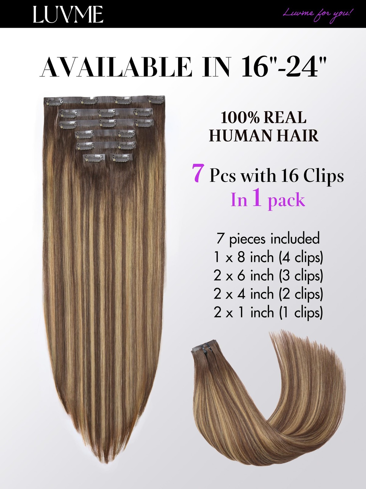 LUVME Straight Seamless 110g 7Pcs Clip in Hair Extensions Full Max … Fast Ship