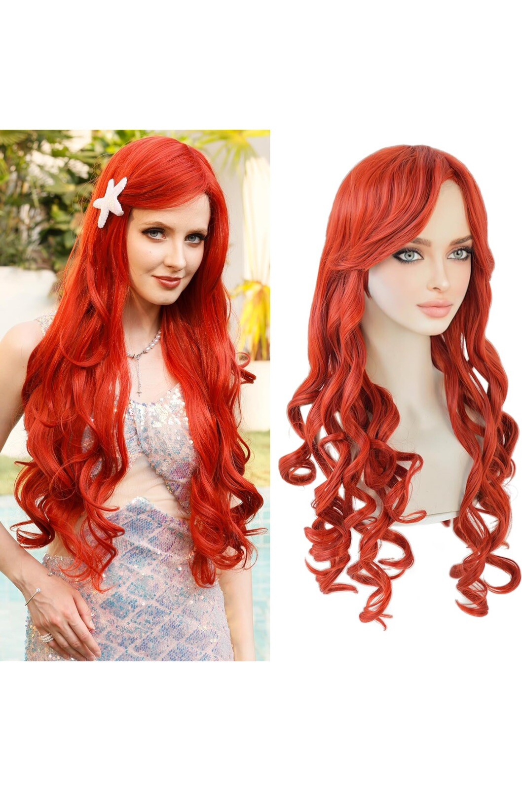 7JHH WIGS Long Wavy Costume Wigs Cosplay Ariel Mermaid 28in, Ginger Orange