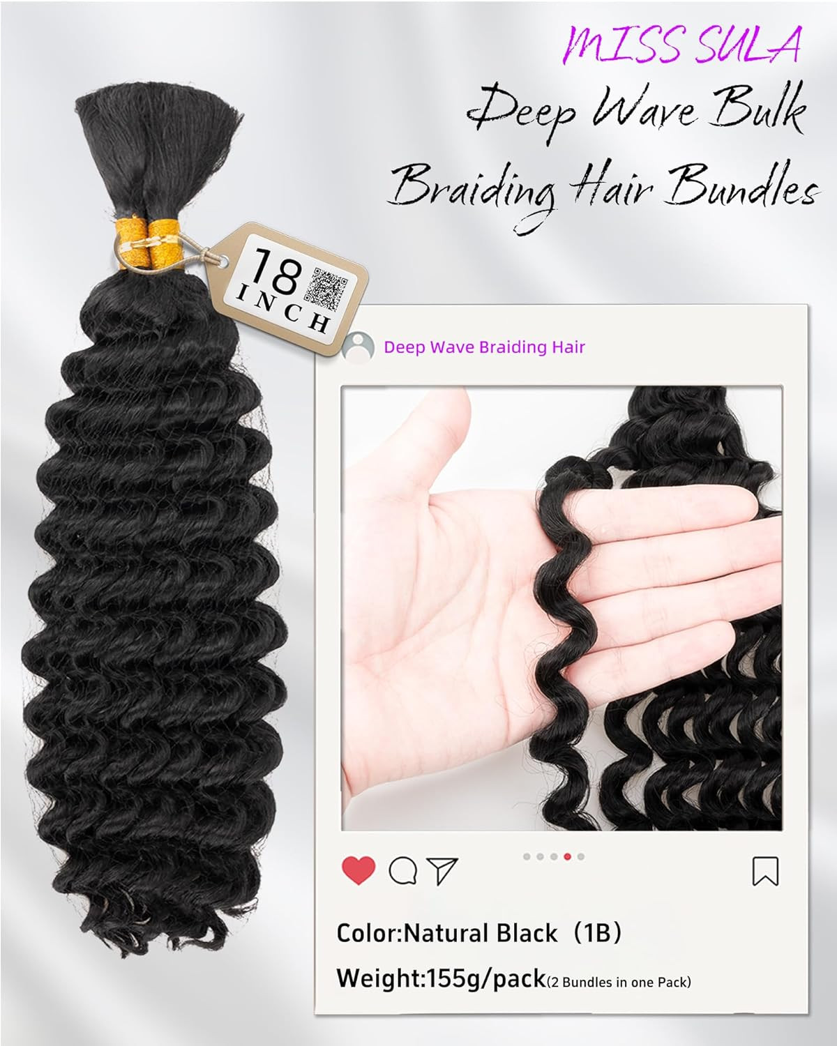 Deep Wave Bulk Braiding Hair-Wet and Wavy Human Braiding Hair,18 Inches 2 Bundle