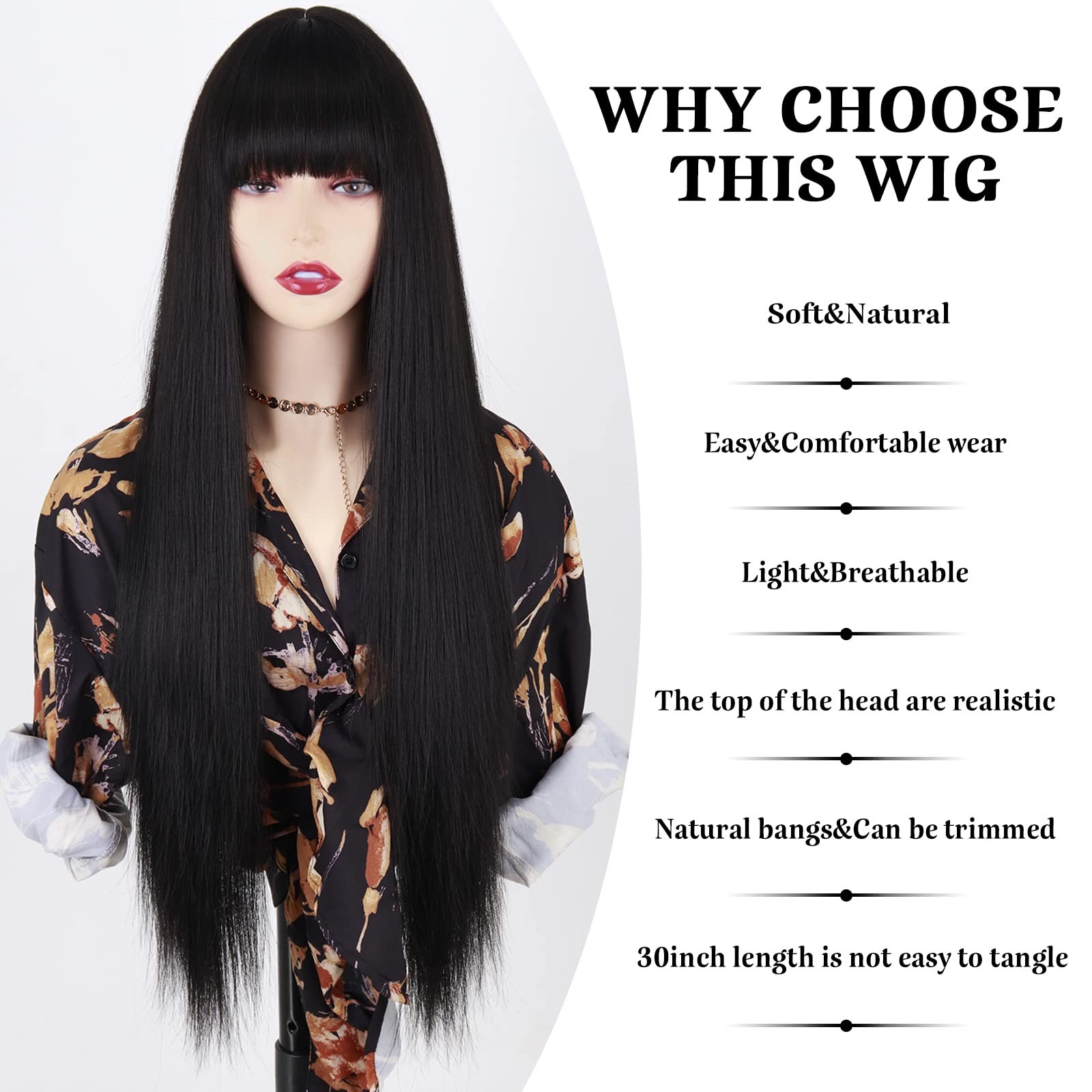Long Black Wigs with Bangs, Straight Black Wigs for Women, Synthetic 30 Inch …