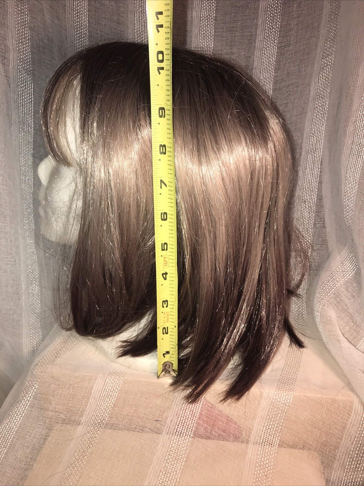 Woman’s Wig NWOT Shoulder Length Bangs Realistic Synthetic Brown Hi lights Hair