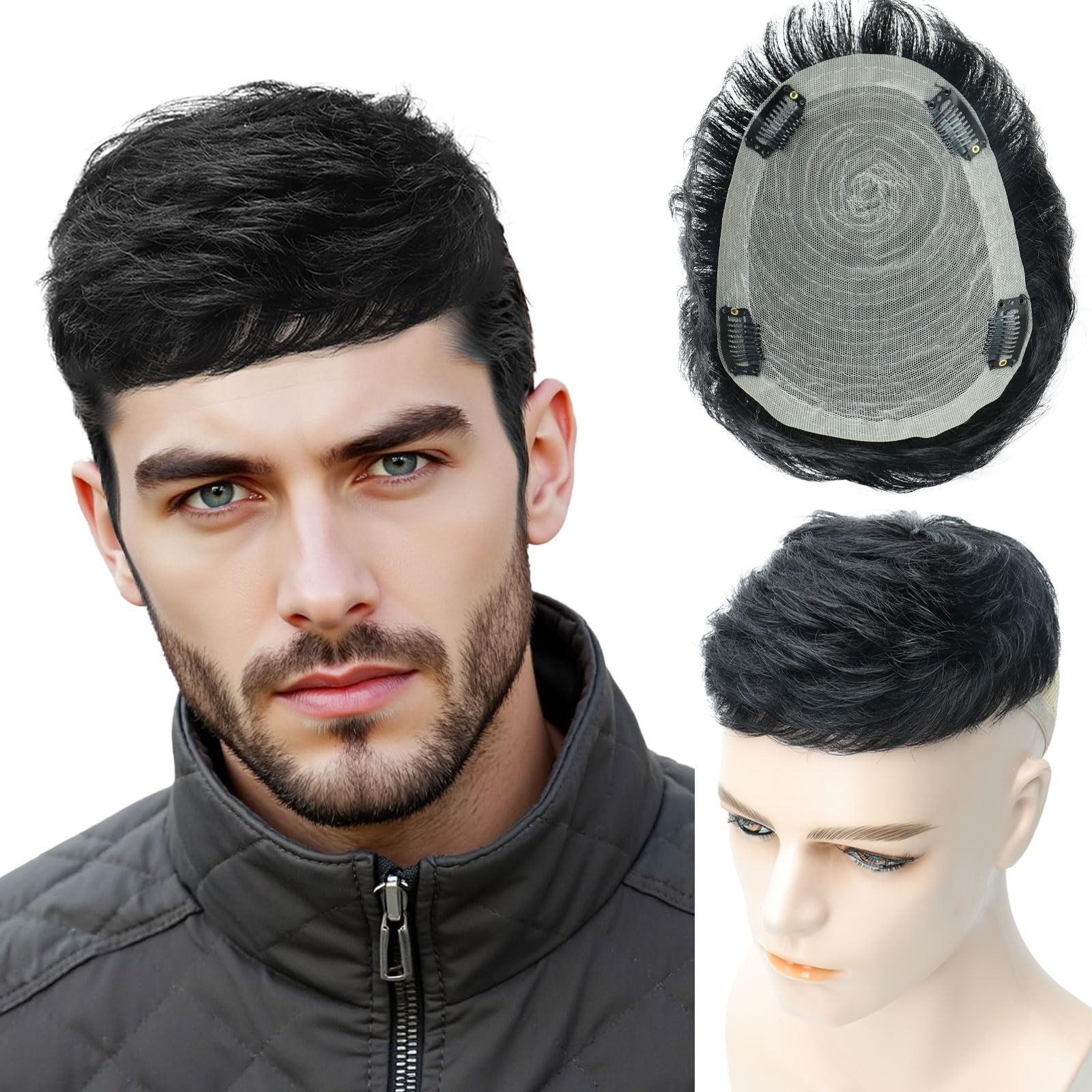 Men’s Short Black Human Hair Wig – Realistic Fluffy Style, Thin Skin, Daily & Pa