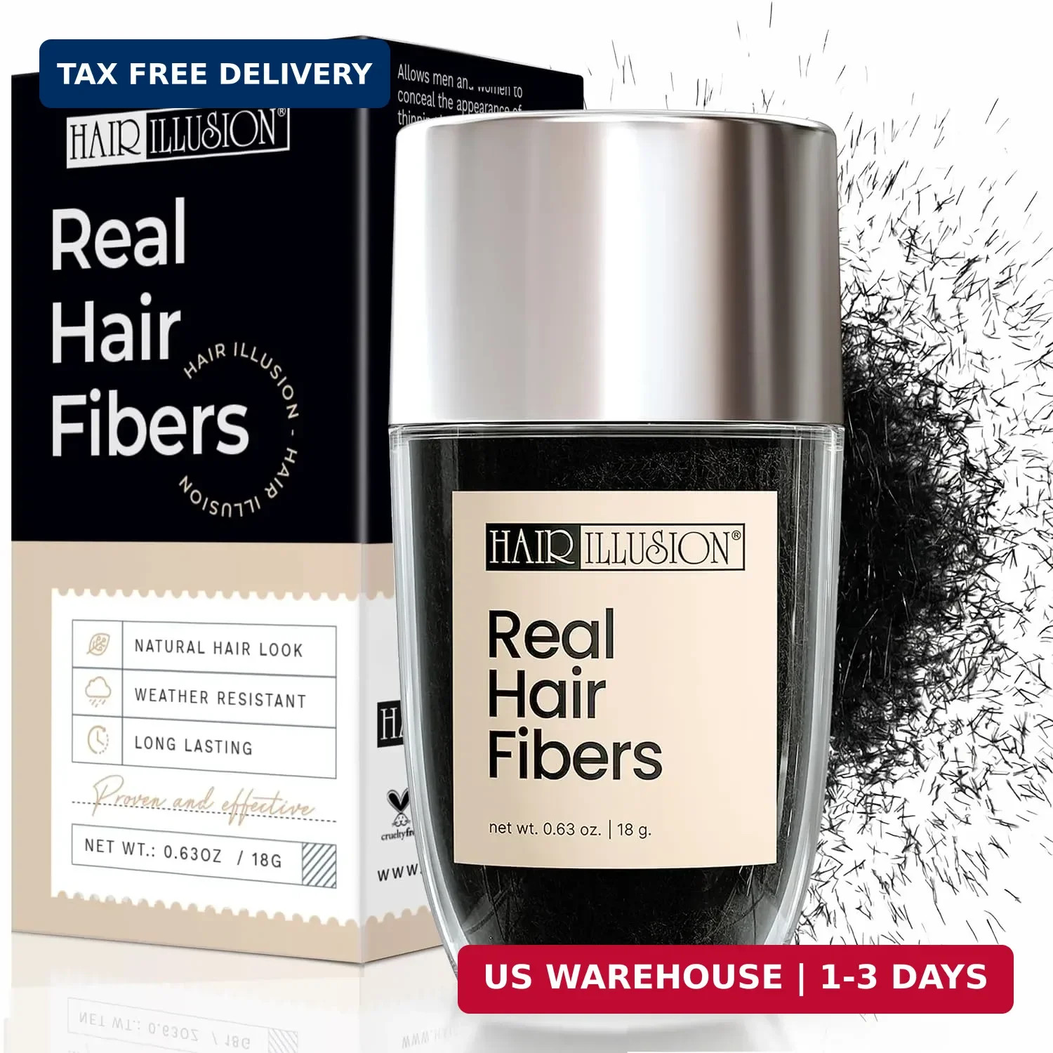 Hair Illusion Black Real Hair Fibers for Thinning Hair – 100% Natural Texture, N