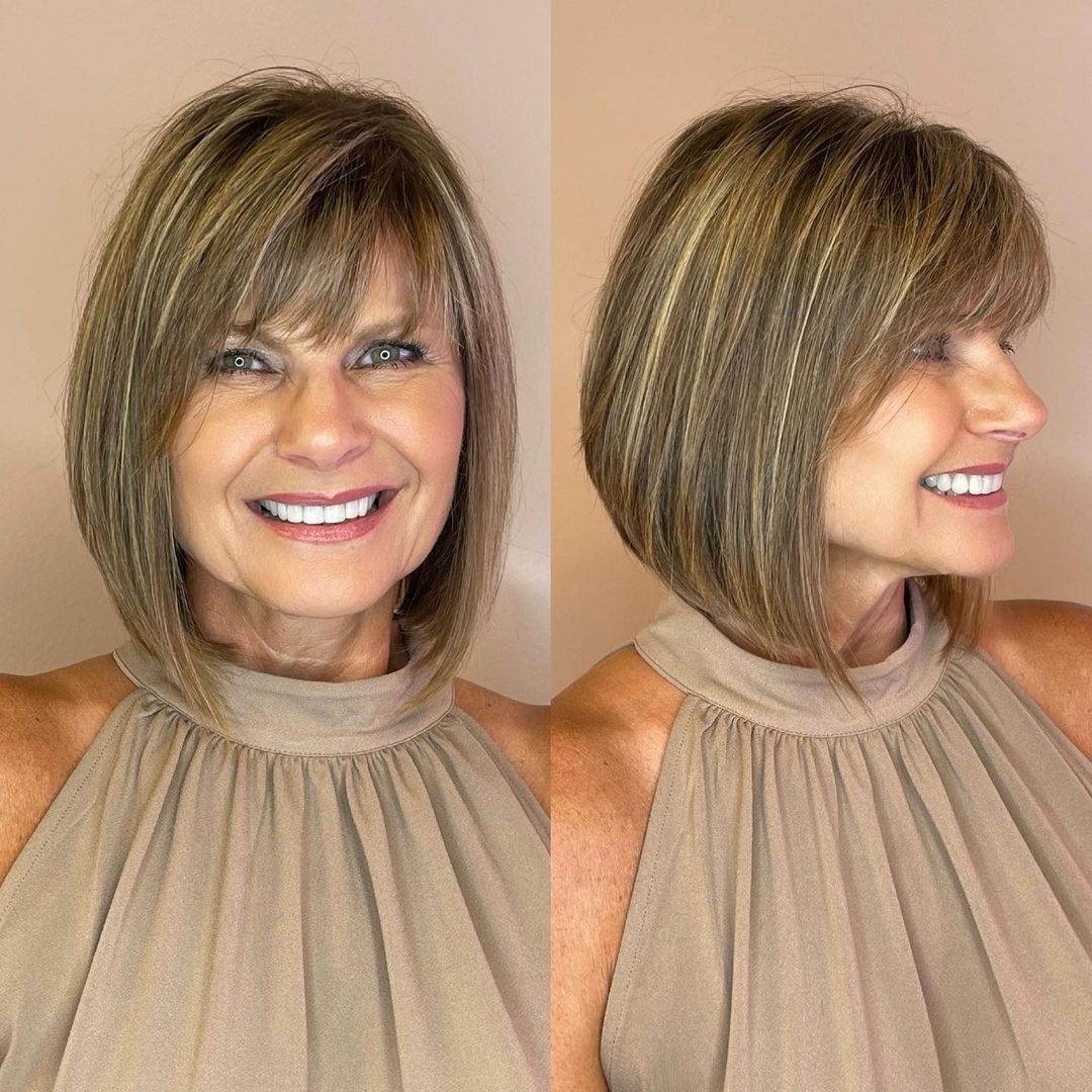 Highlighted Bob Wigs with Bangs for Women Ash Brown Blonde 100% Human Hair Wigs