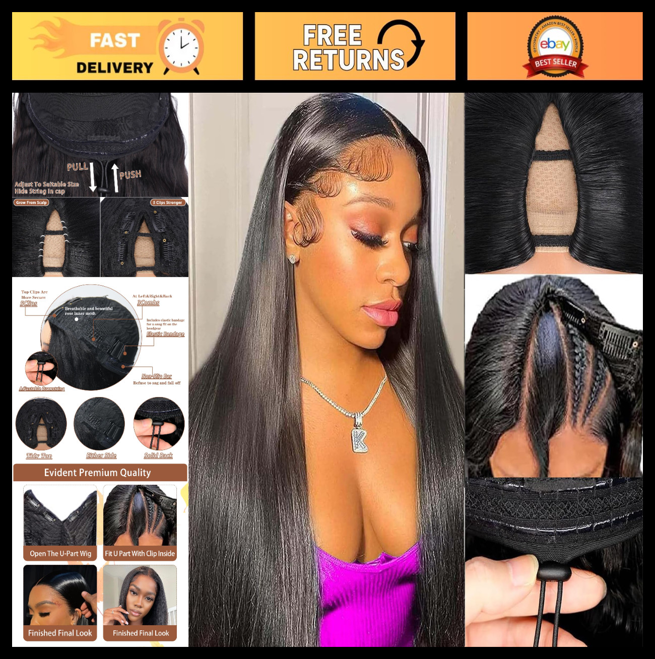 24 Inch V Part Wig Human Hair – Straight Glueless Half Wig, Clip-In, No Leave Ou