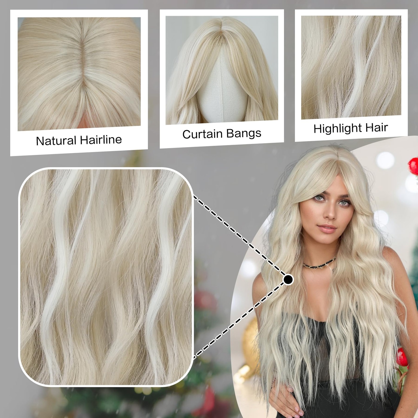 Long Wavy Ash Blonde Wig with Curtain Bangs Heat Resistant Fiber Layered Synt…