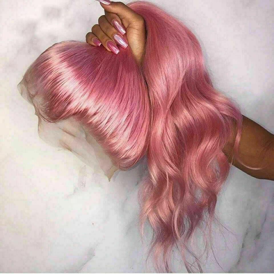 20″ Long Wavy Light Pink Full Lace Wigs 100% Human Hair 150% Density Pre Plucked
