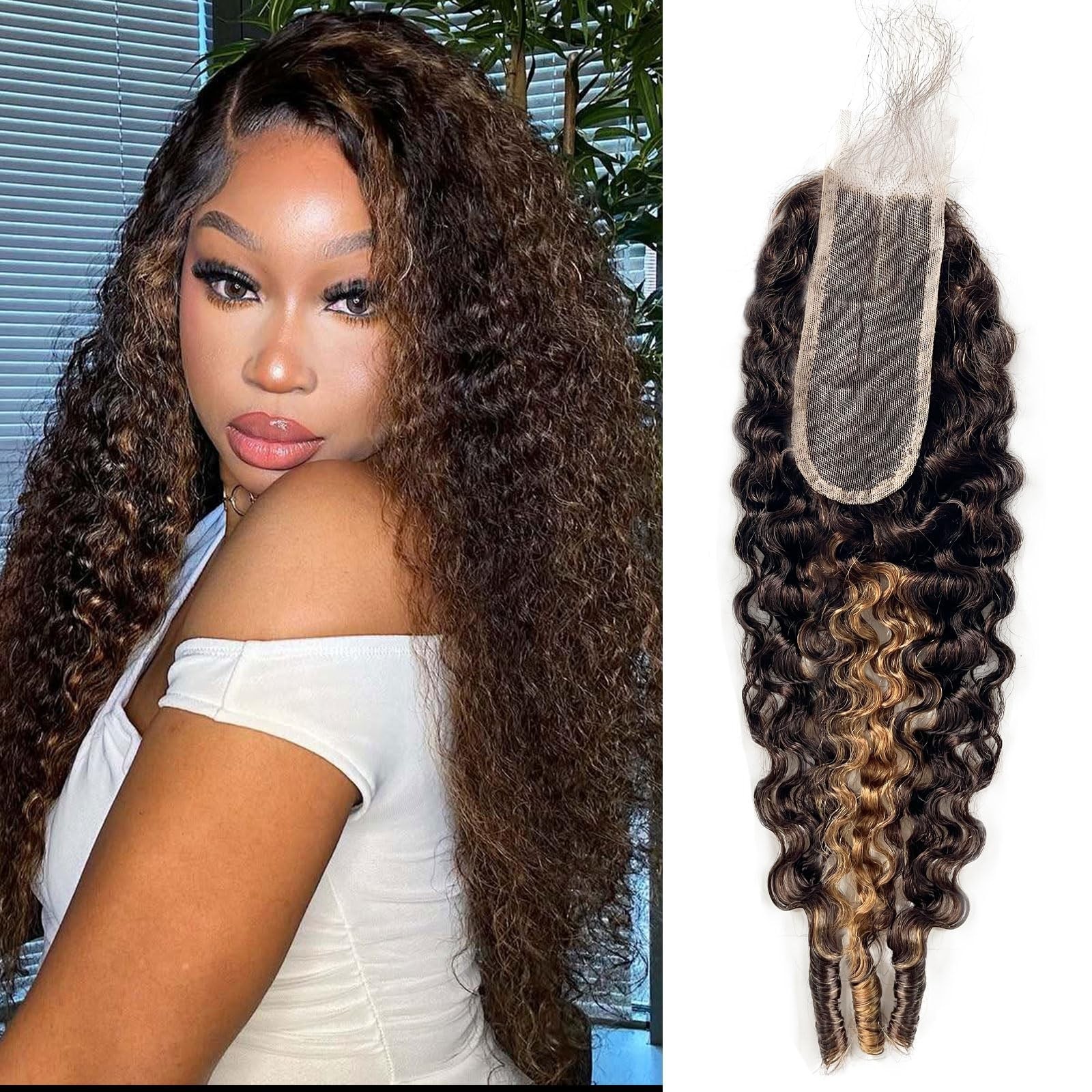 14″ 2×6 HD Lace Closure – P4/27 Highlight Burmese Curly Human Hair, Middle Part