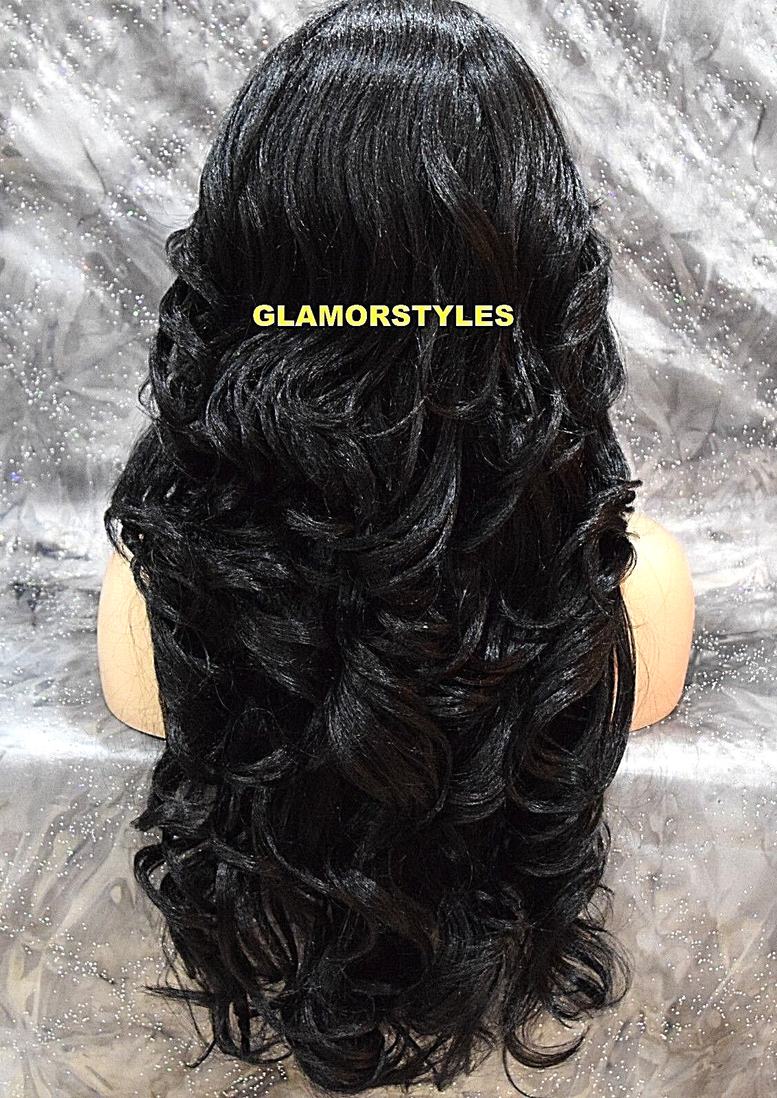 FULL WIG LONG WAVY LAYERED SIDE BANGS SKIN SIDE PART OFF BLACK #1B HEAT OK NWT