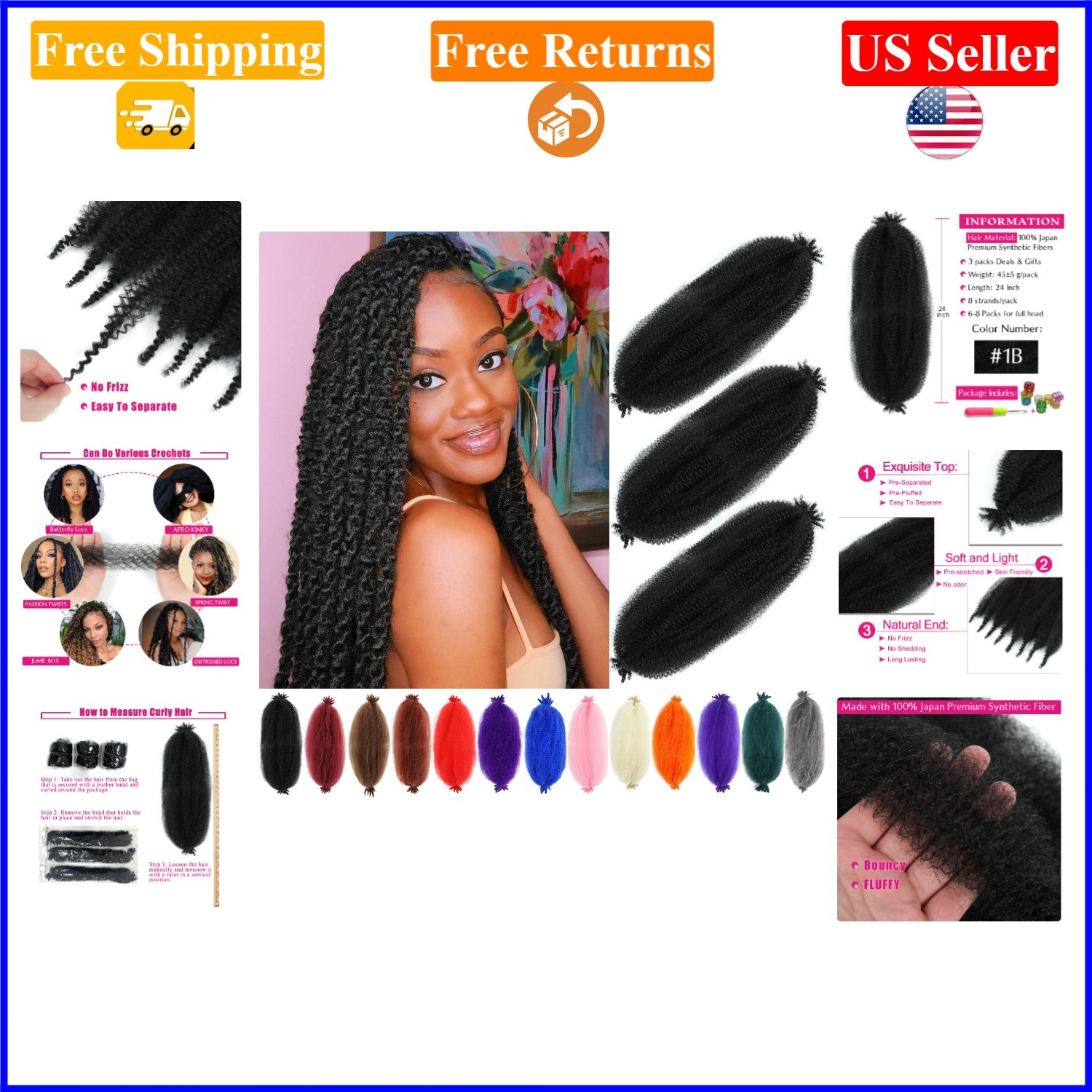 24 Inch Afro Twist Hair Pack of 3, Kinky, Pre-Fluffed Synthetic Fibers