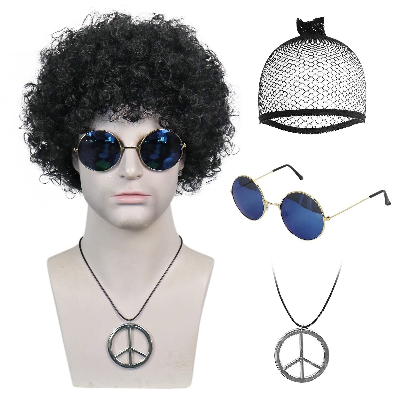 IMEYLE Wig Short Black Wig Afro Wig (1 Wig+ 1 Glasses+1 Necklace+ 1 Wig Cap)