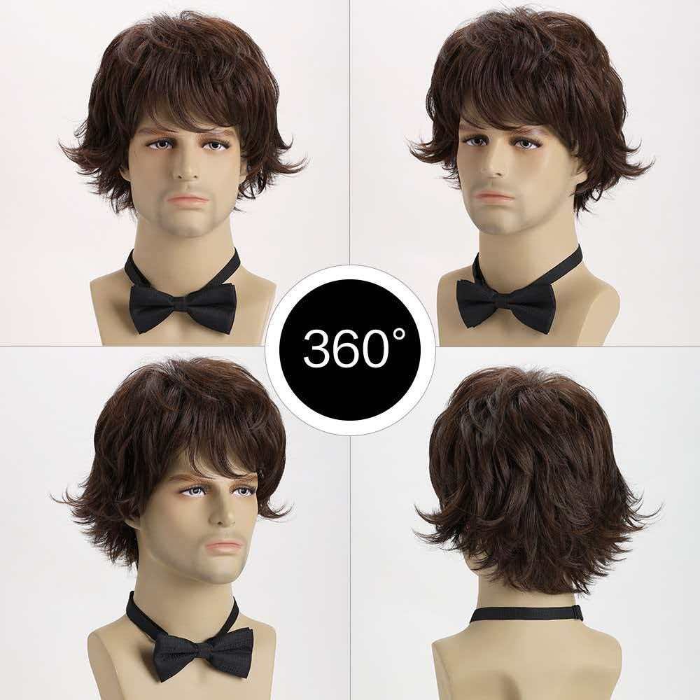 12in Men Short Wavy Brown Wig Full Heat Resistant Synthetic Cosplay Party