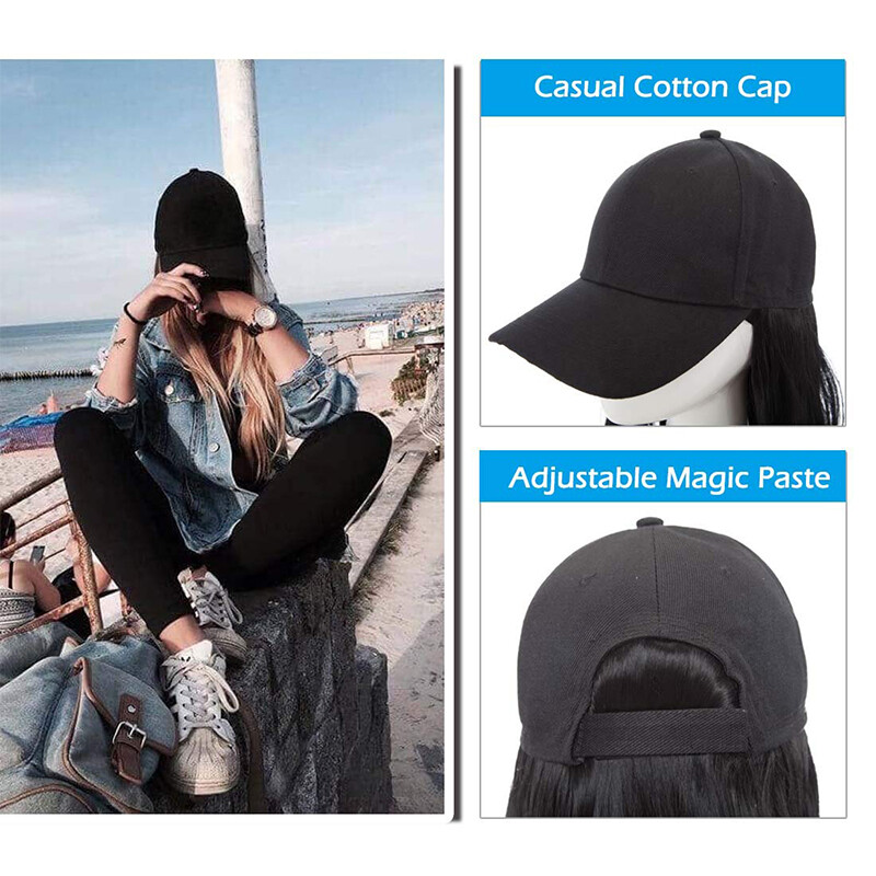 Baseball Cap Synthetic Long Straight Natural Curly/Wavy Hat With Hair Extensions