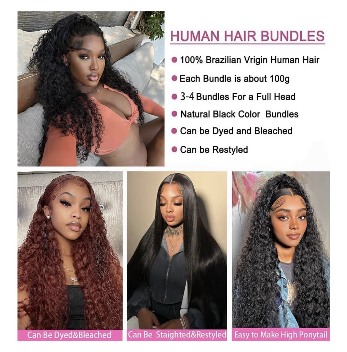 Curly Human Hair Weft Extensions Bundles, Black, 4-Pack, 20 22 24 26 inch.