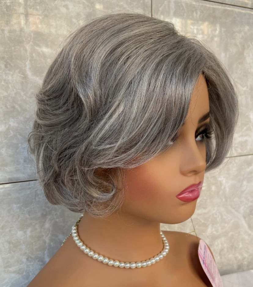 Salt and Pepper Gray Mix Wavy Hairstyle Synthetic Hair Wigs Women Soft