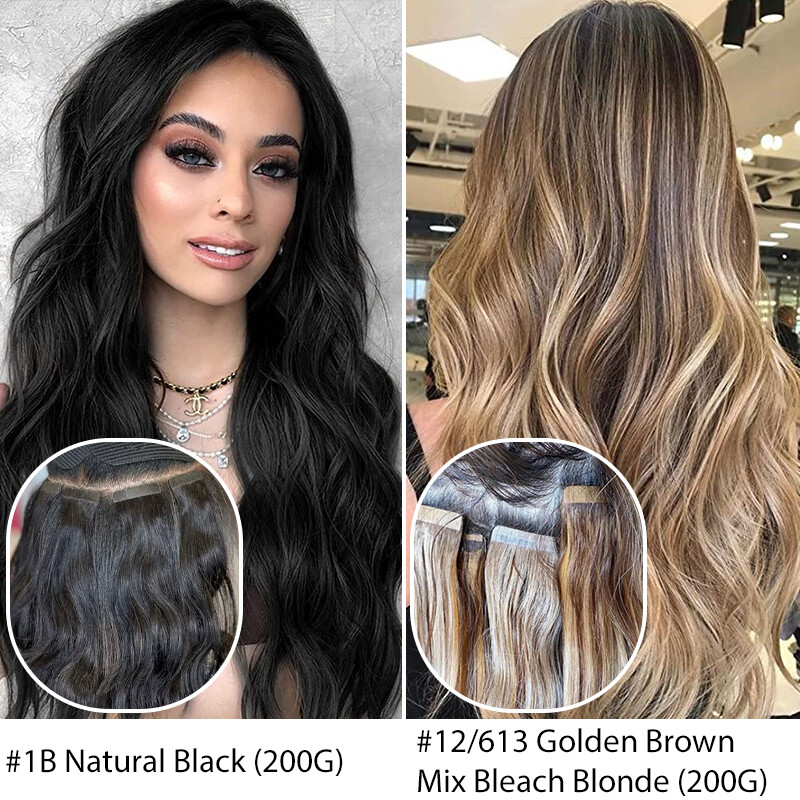 Thick Wavy Tape In 100% Remy Human Hair Extensions Skin Weft Full Head Body Wave