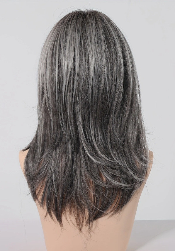 Women Grey Wig with Bangs Gray Micro Roll Medium Long Wig Wig