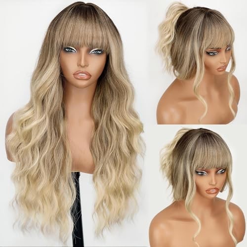 Ombre Blonde Wigs Bangs Highlight Long Wavy Wig Women Curly Synthetic Hair Party