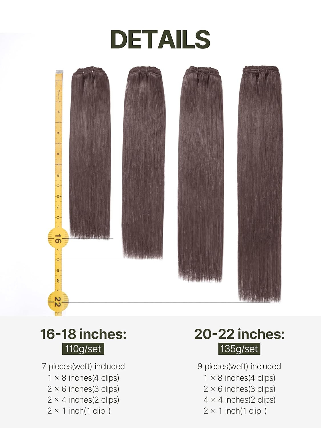 18″ Dark Brown Clip-In Human Hair Extensions, 7 Pieces, 110G