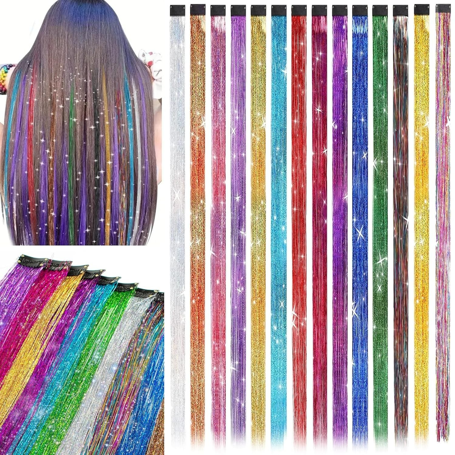 Clip In Glitter Tinsel Hair Extensions 19.7 Inch Perfect for Kid Girl Teens Gift