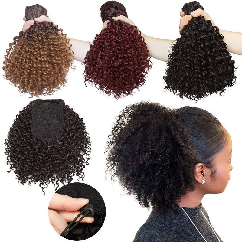 Drawstring Ponytail Kinky Curly Afro Bun Clip In Puff Pony Tail Hair Extension