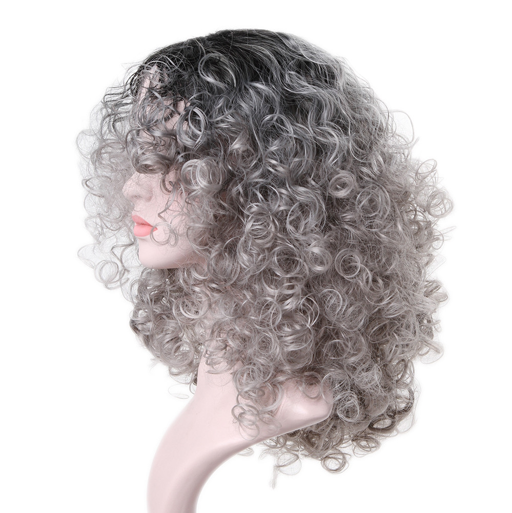 Afro Short Curly Gray Mixed Synthetic with Bangs Curly Hair Wig For Women Daily