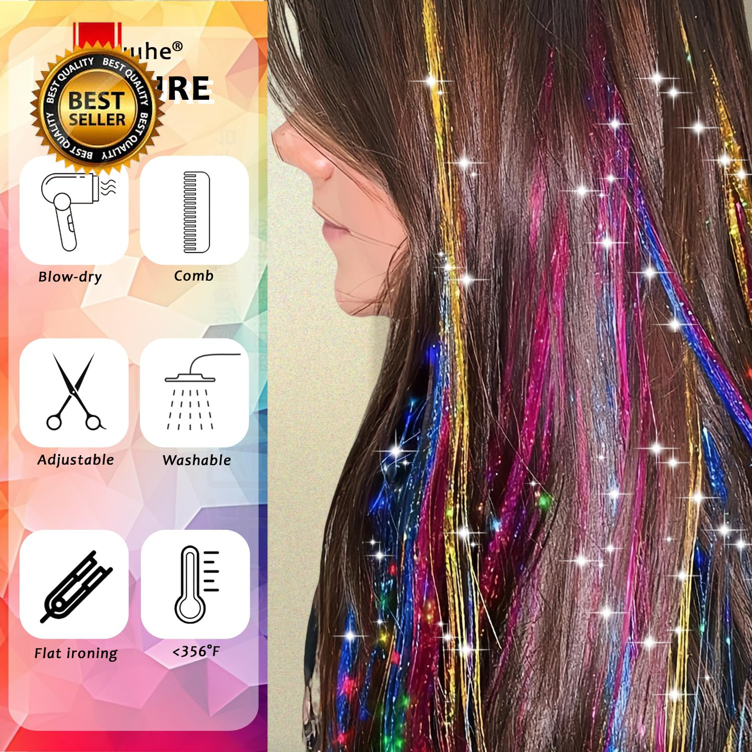 Hair Tinsel, 24 Colors 9800 Strands Hair Tinsel Kit with Tools 48 Inch Glitter T