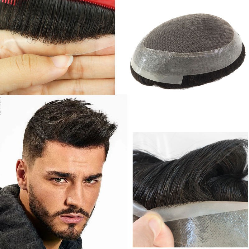 Fine Mono Top Mens Toupee PU Perimeter Human Hair Breathable Natural Hairline AS