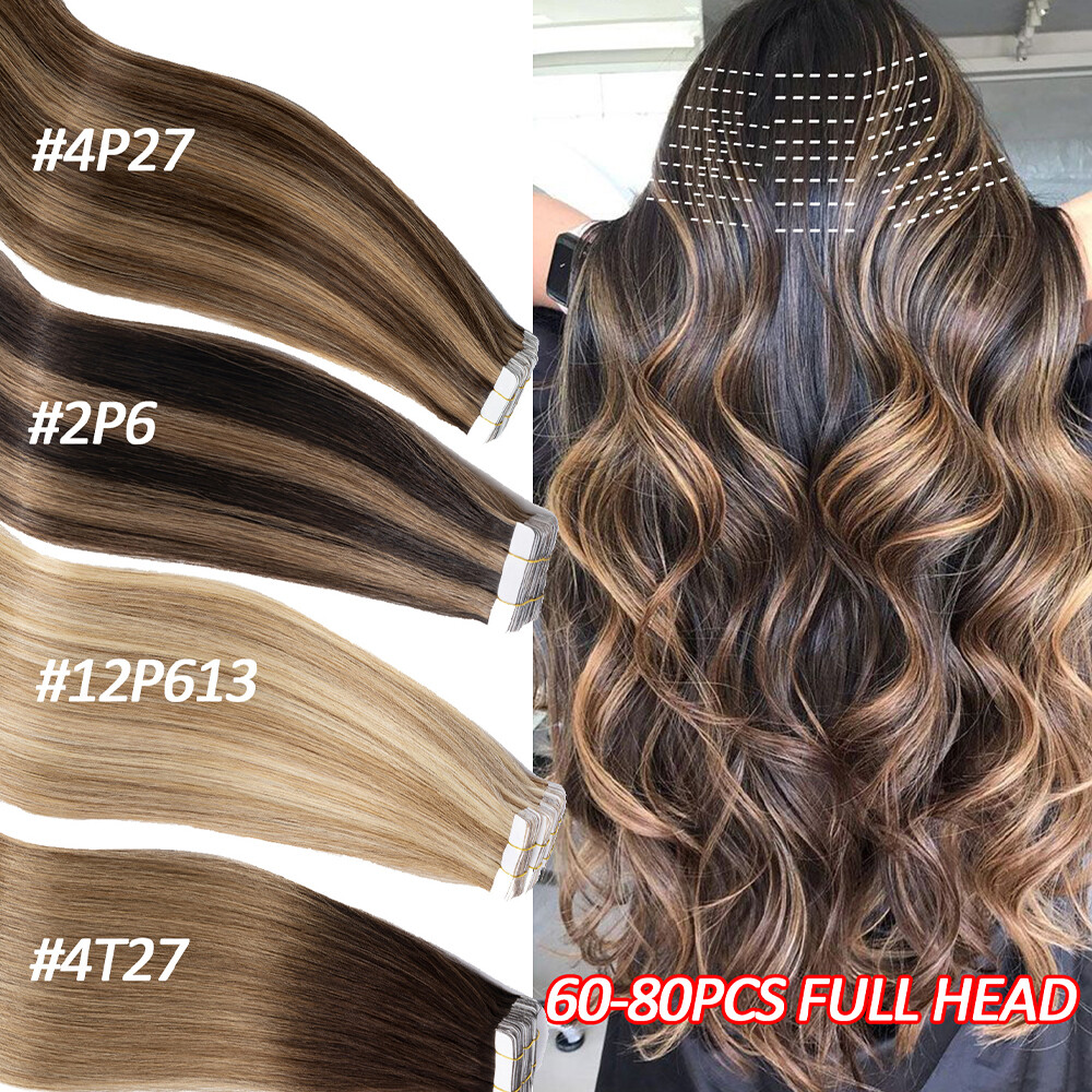 Invisible Tape In Remy Human Hair Extensions Skin Weft FULL HEAD THICK Straight