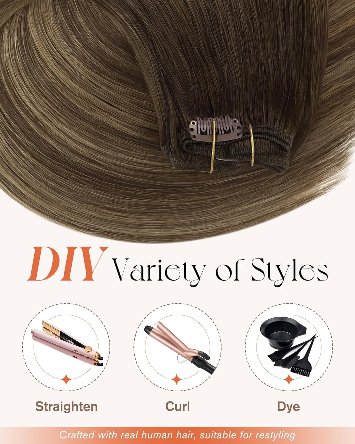 Sunny Hair CLIP-IN 18in Brown/Blonde Straight Human Hair Extensions CP 4-4-27