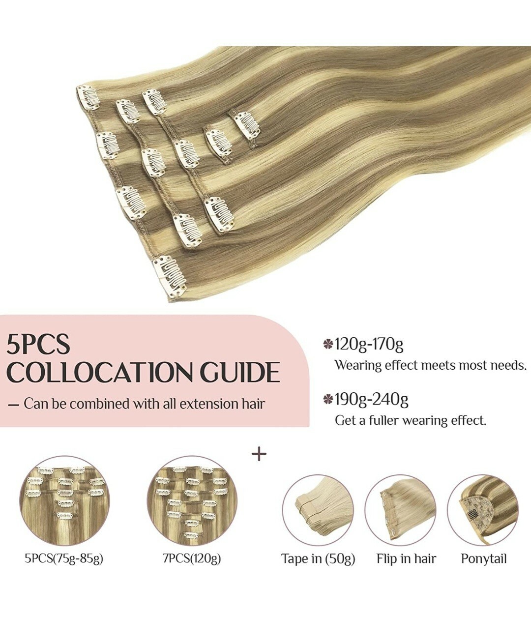 9A Light Blonde Highlighted Golden Blonde Human Hair Ext 20in, 70g 5pcs