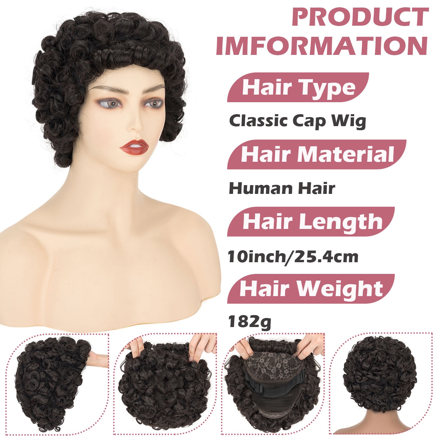 Fluffy HUMAN Hair Wig Womens Human Hair Short Curly Wavy Hair Wigs Rose Net 10in
