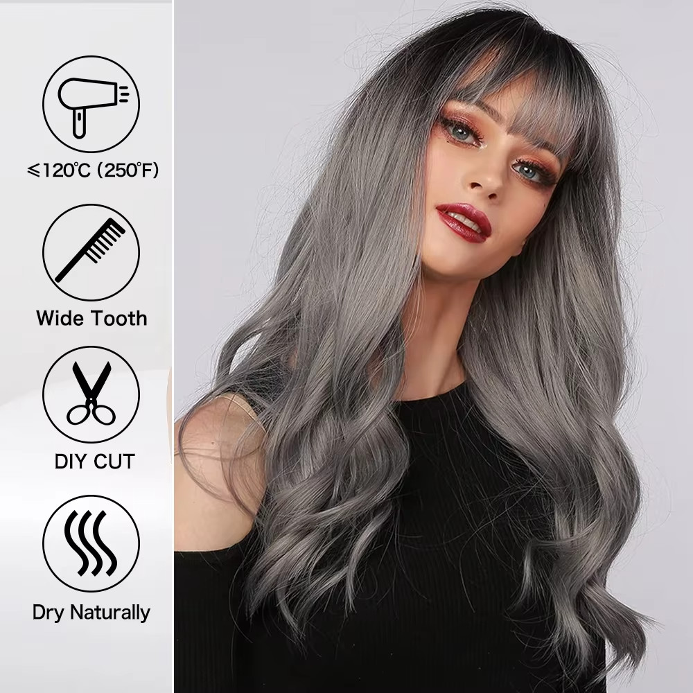 Long Wavy Silver Ash Ombre Cosplay Synthetic Wigs Natural Curly Gray Black Hair