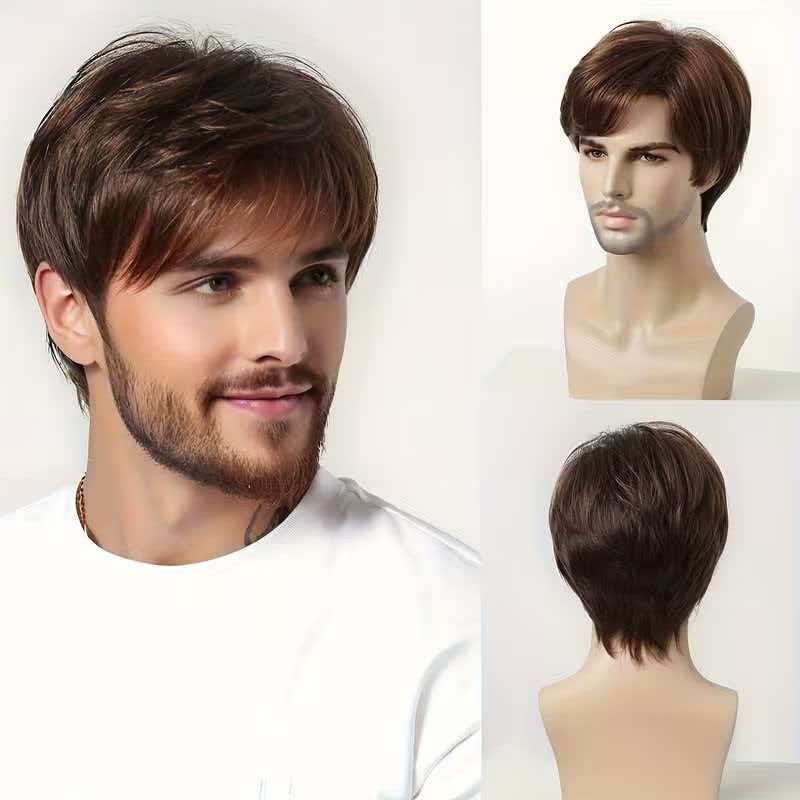 6in Men Short Brown Wig Full Wig Heat Resistant Synthetic Cosplay Halloween