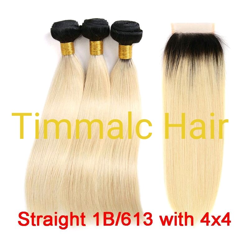 12AA PERUVIAN Human Hair Weft 3/4Bundle+Lace Top Closure=Full Head 1B/613 BLONDE