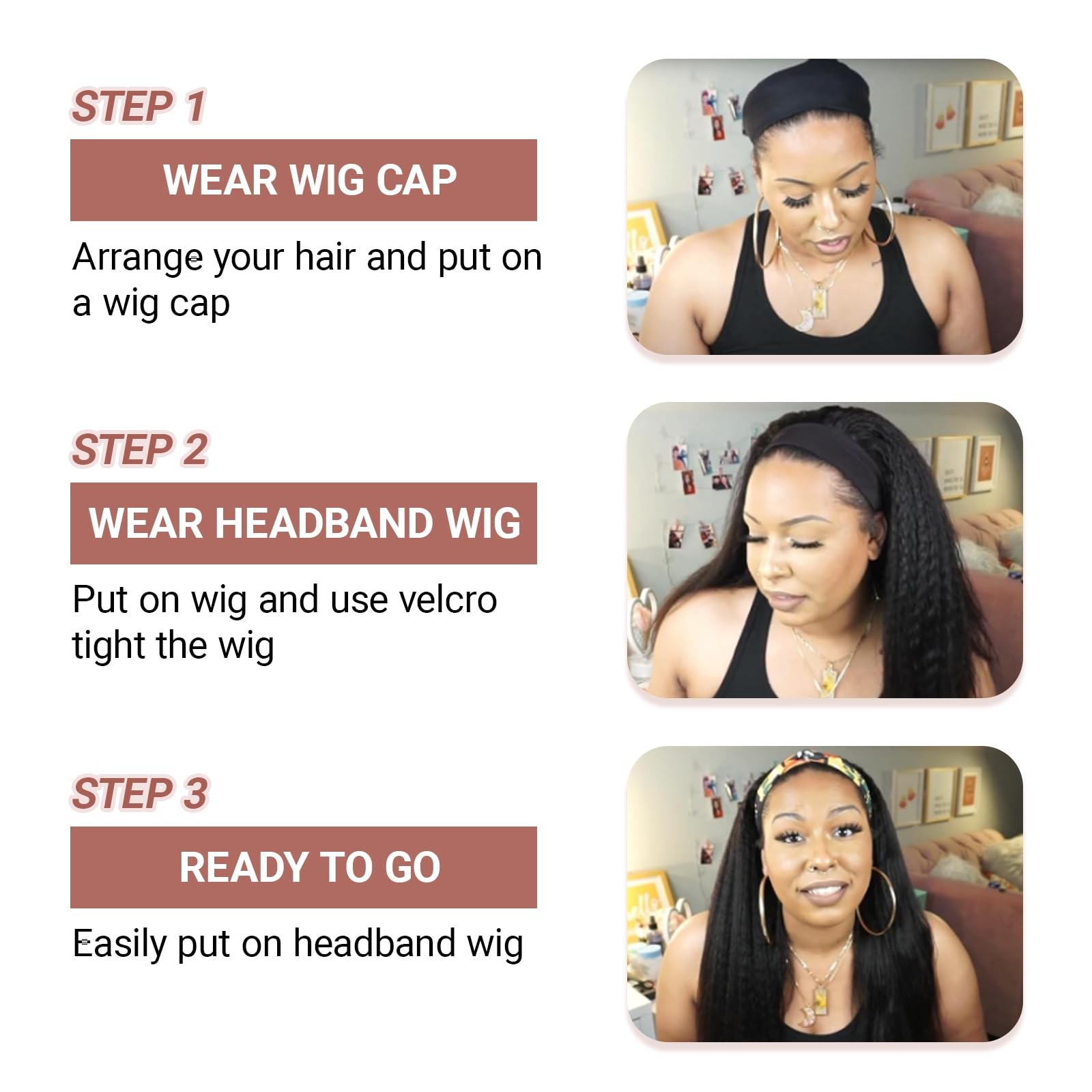 Straight Headband Half Wear and Go Glueless Wigs for Black 180% Density Natur…