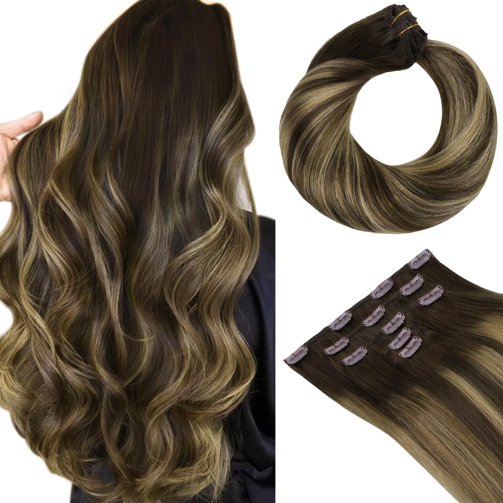 HOTBANANA 18″ 70g Clip-in Real Human Hair Extensions Chocolate Brown Balayage