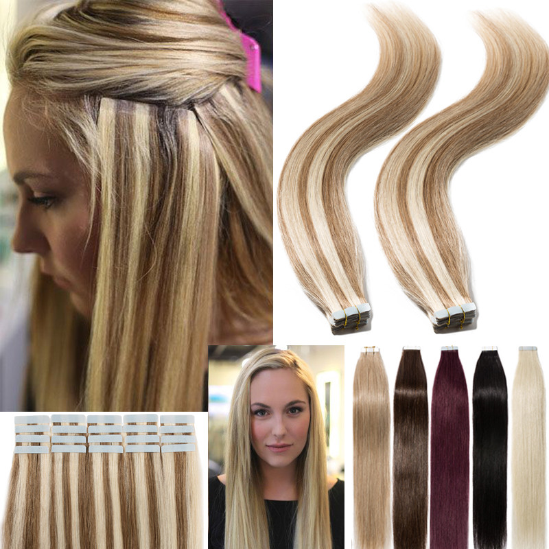 8A 150g Remy Tape In Glue 100% Real Human Hair Extensions Full Head Skin Weft US