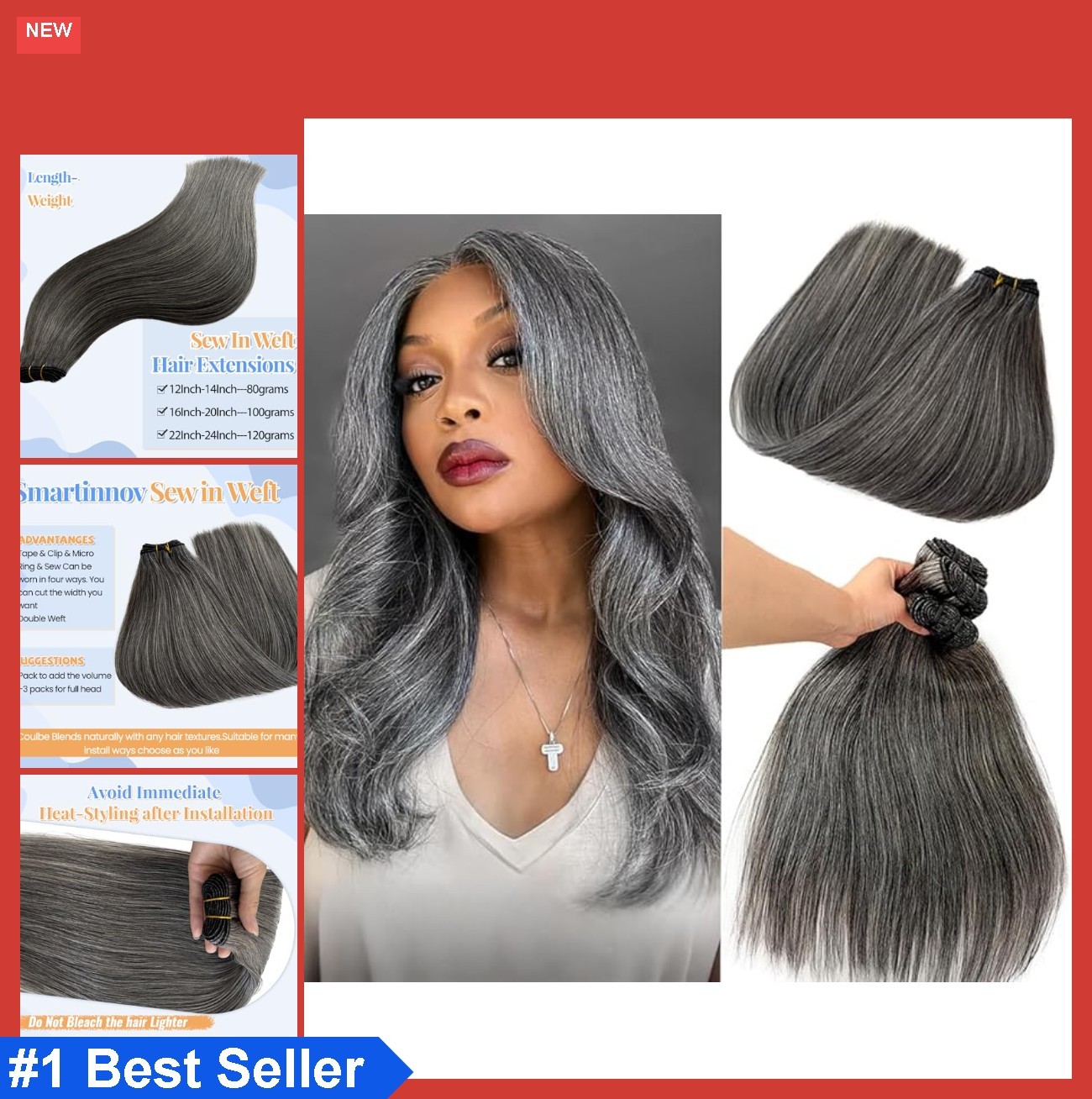Weft Hair Extensions 18 Inch Straight Real Remy Human Hair Salt and Pepper Sew