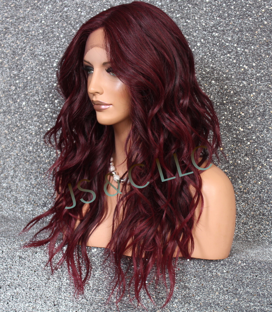 Human Hair Blend Full Lace Front wig Beach Wavy Burgundy Heat OK ORM T1B-425
