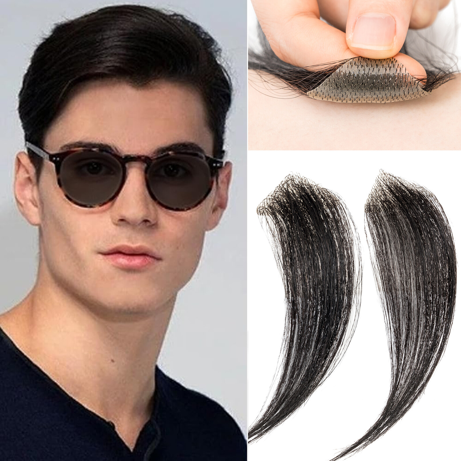 Men Temple Hair Patches Human Hair Pieces Skin Cover-Up Frontal Hairline Toupee