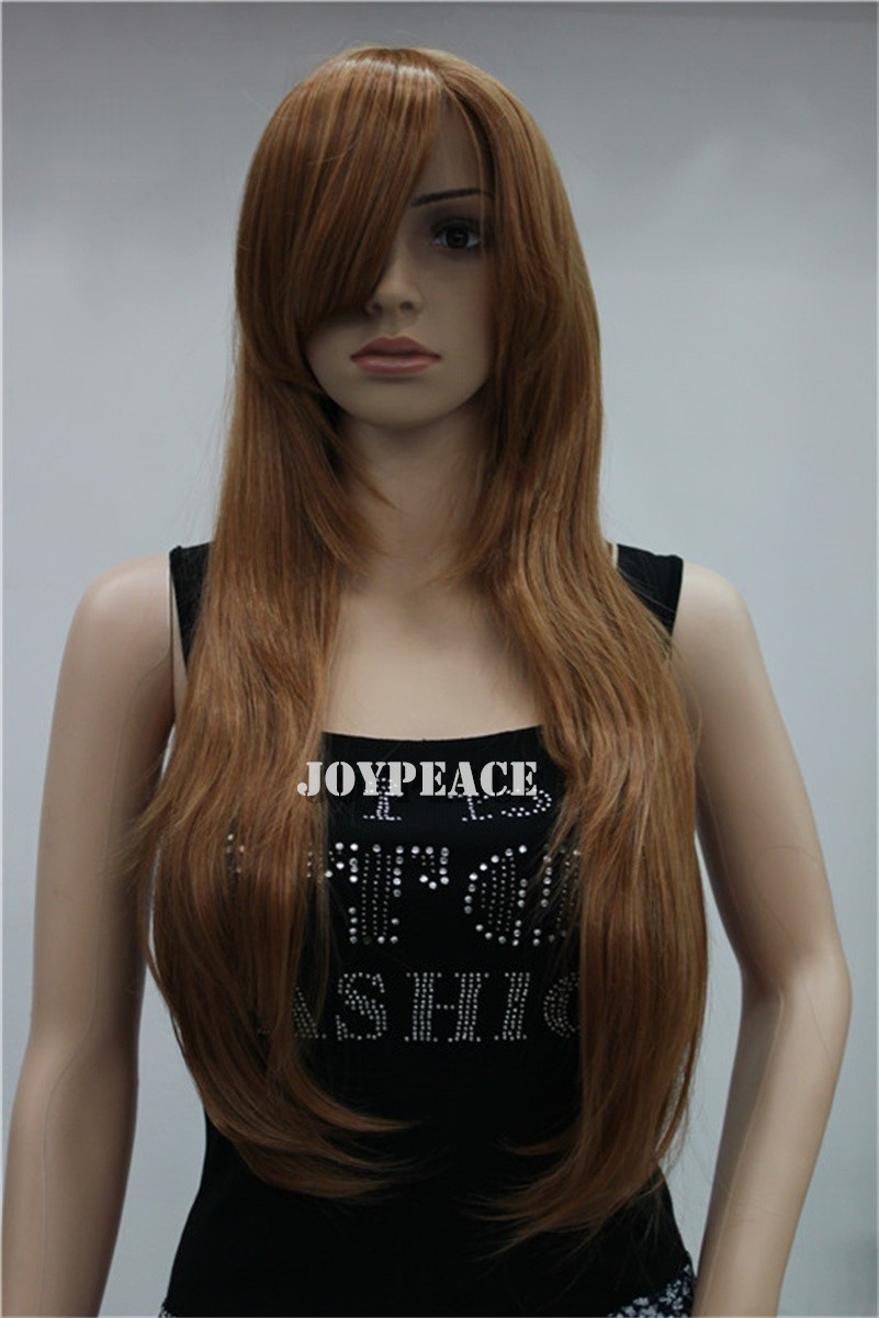 Long Straight Mixed Brown blonde Layered Synthetic Hair Dress Up Wig With Bangs