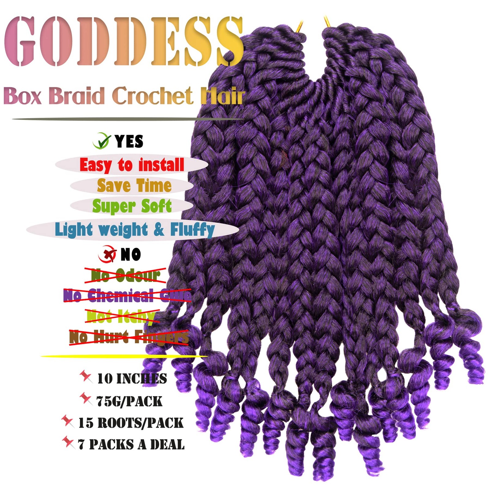 Hahoness 7 Packs 10 Inches Goddess Braid Crochet Hair Curly Ends Ombre Purple
