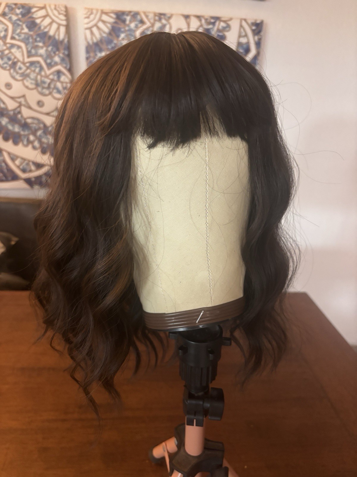 Synthetic Hard Front Bang Style Dark Brunette Wavy Wig Heat Safe