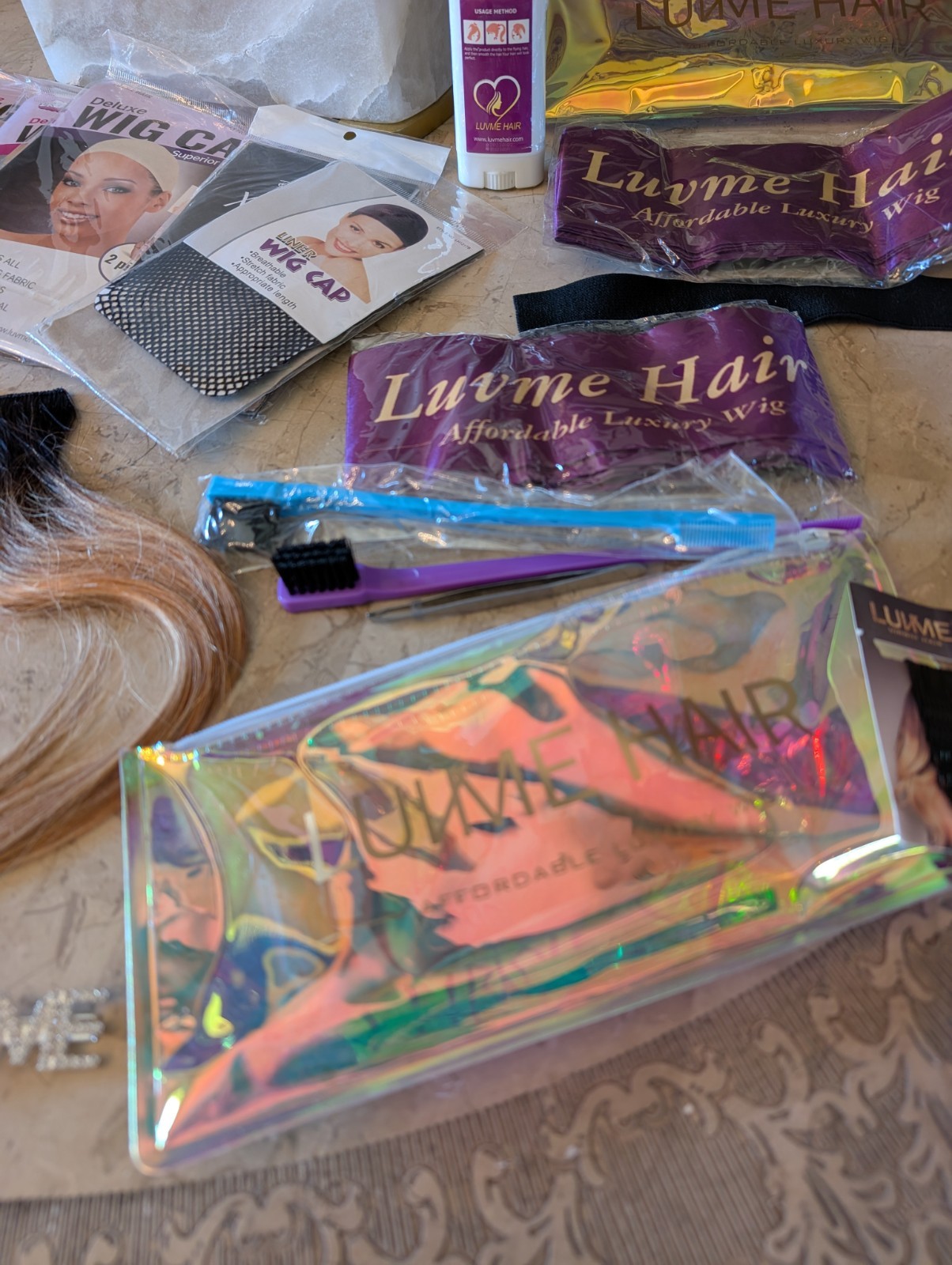 LUVME Assorted Accessories With 3 12″ Human Hair Clip In Extensions, Net Caps