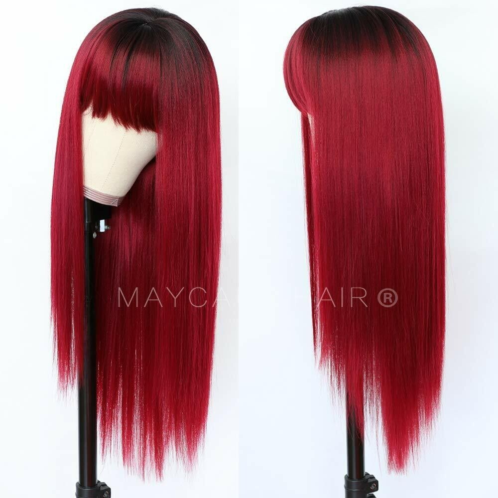 Long Ombre Red Synthetic Hair Wigs Full Bangs Heat Resistant Cosplay Party Wig