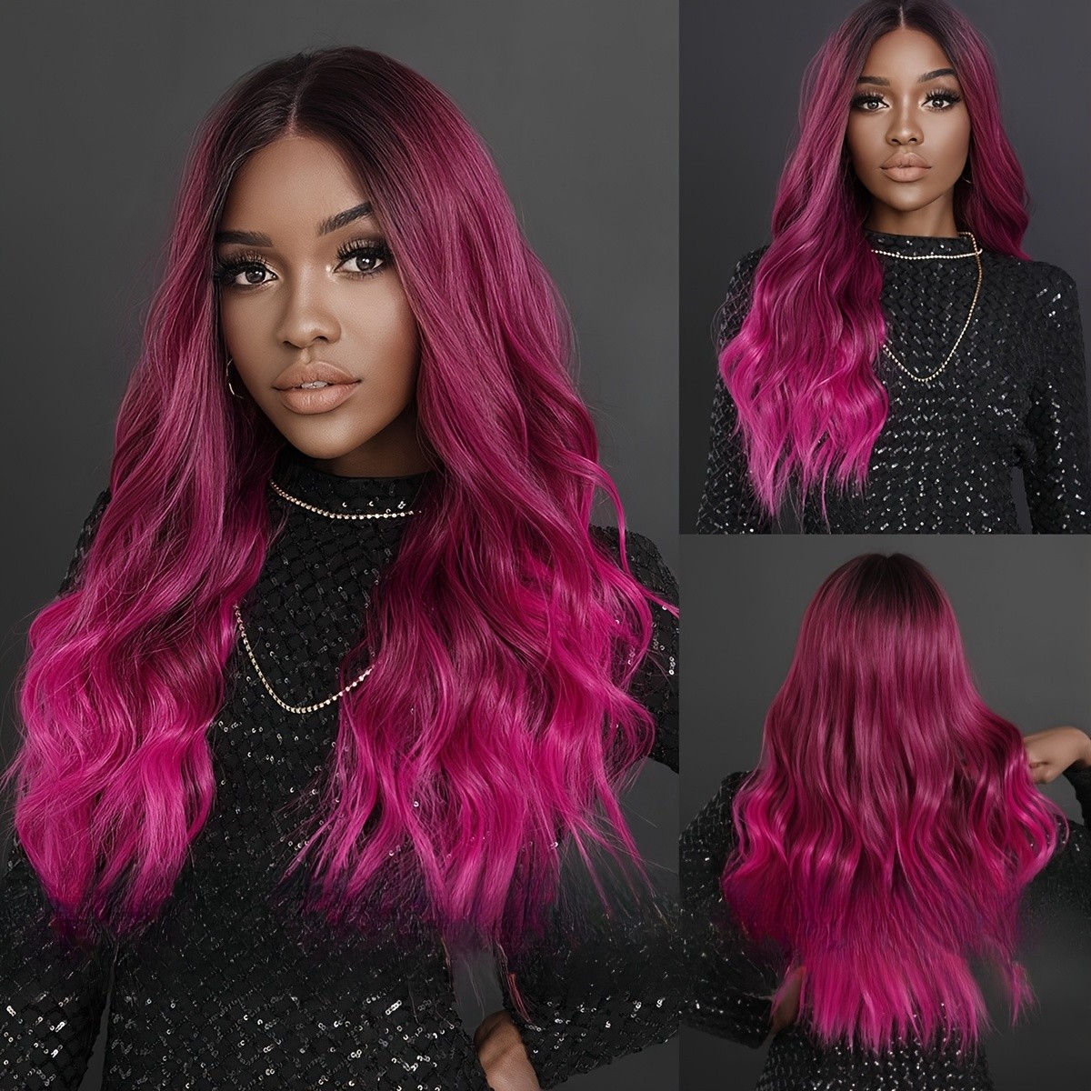 Pink Wavy Middle Part Soft Synthetic Fiber Wig for Cosplay Daily Party Use 26″